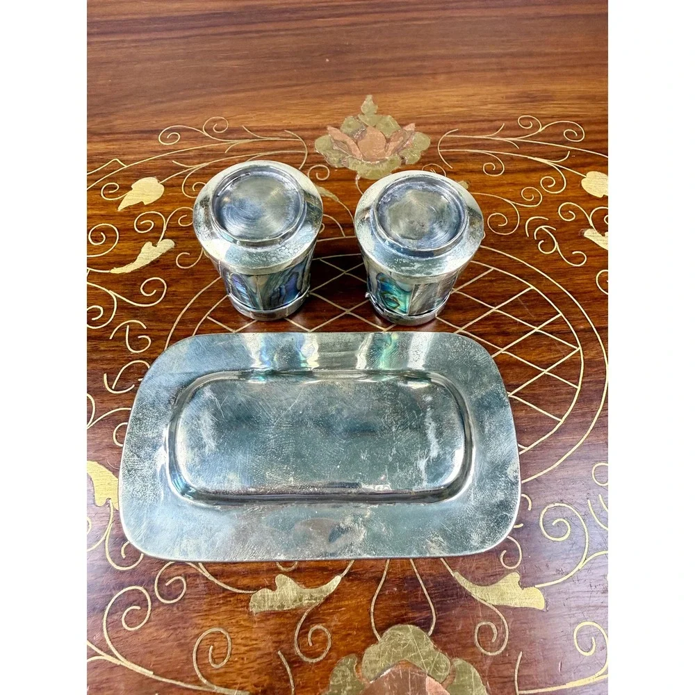 Vintage Mexican Alpaca Silver Abalone Salt & Pepper Shakers with Tray